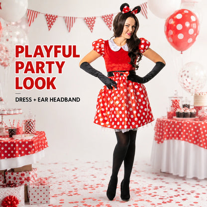 Women’s Lady Mouse Red Polka Dot Dress with Mouse Ear Headband Costume