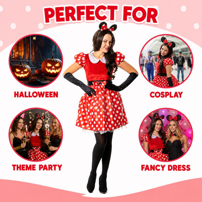 Women’s Lady Mouse Red Polka Dot Dress with Mouse Ear Headband Costume