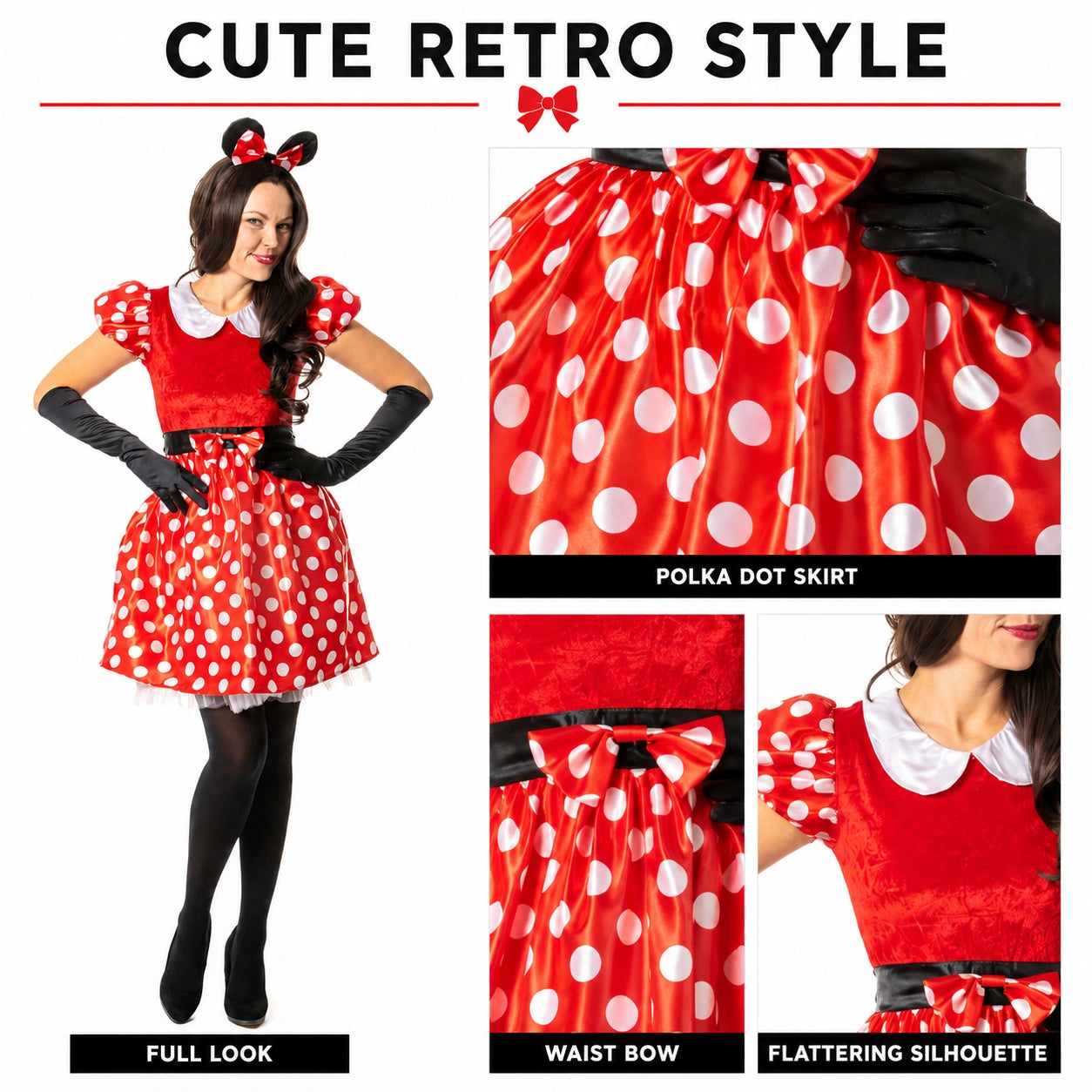Women’s Lady Mouse Red Polka Dot Dress with Mouse Ear Headband Costume