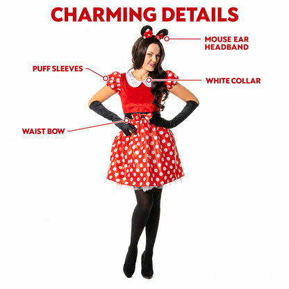 Women’s Lady Mouse Red Polka Dot Dress with Mouse Ear Headband Costume