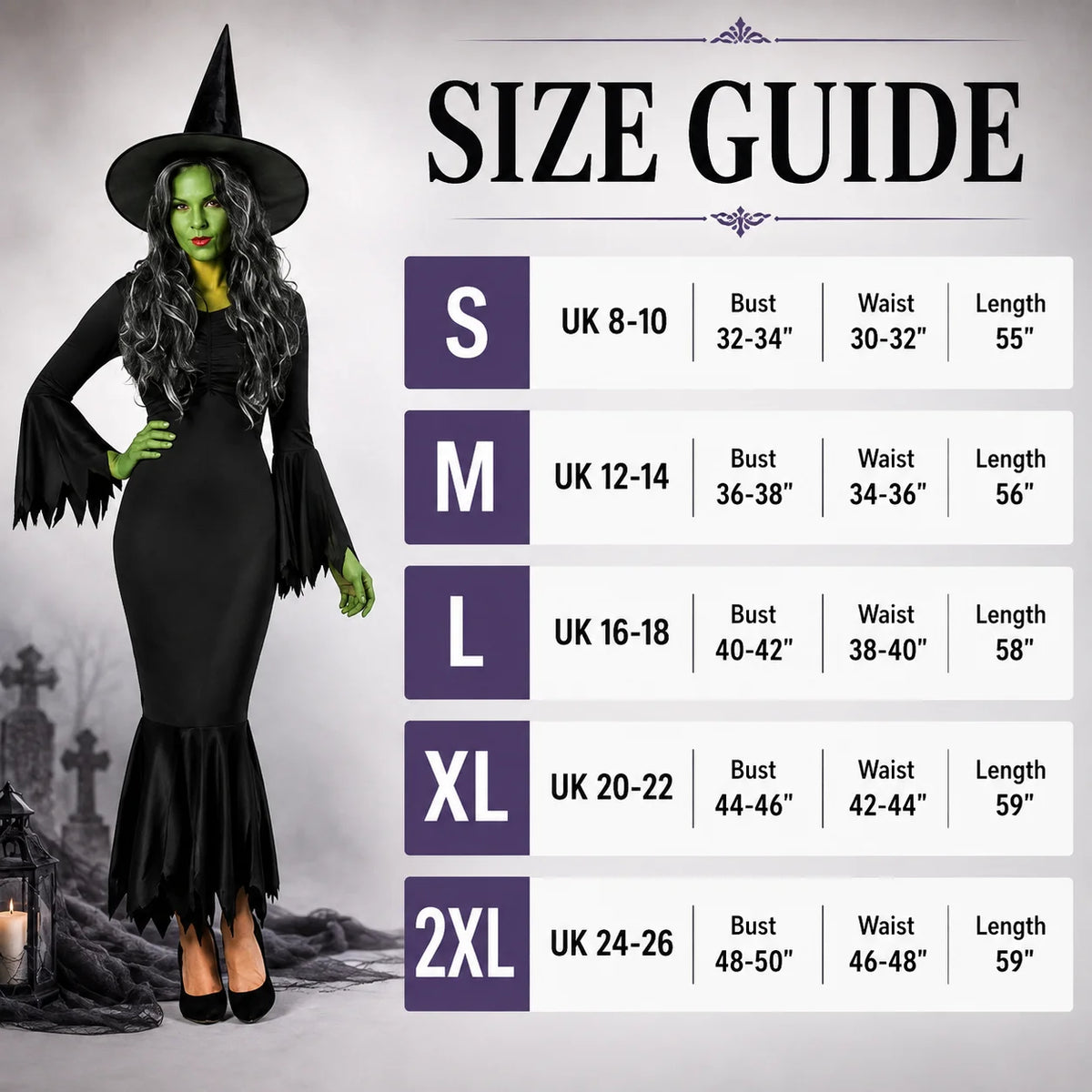 Women’s Wicked Witch Costume, Black Gown Dress with Pointed Hat for Halloween & Fancy Dress Parties