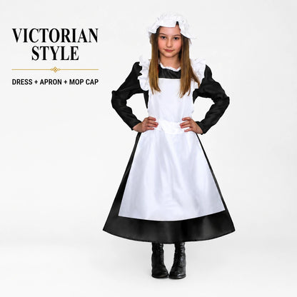 Girls’ Victorian Maid Black Dress with Attached White Apron Costume