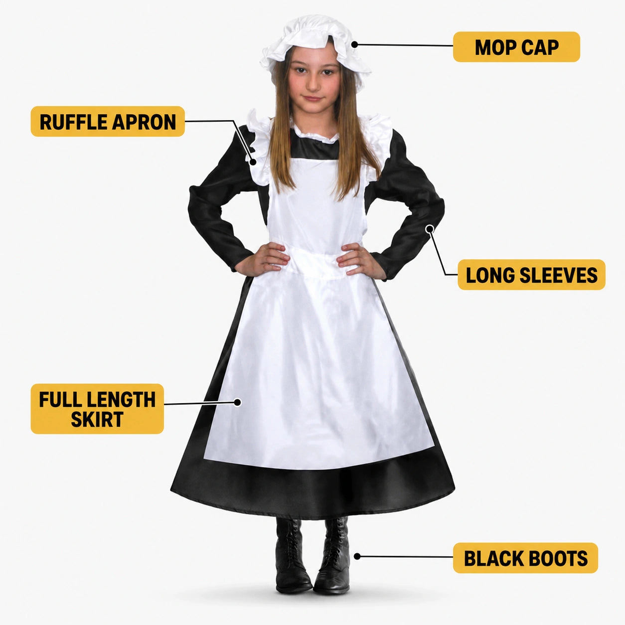 Girls’ Victorian Maid Black Dress with Attached White Apron Costume