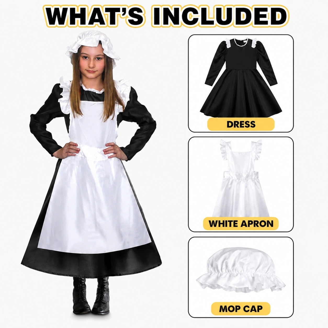 Girls’ Victorian Maid Black Dress with Attached White Apron Costume