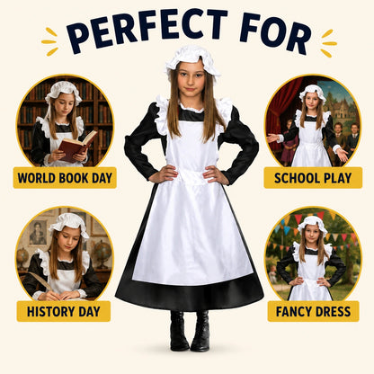 Girls’ Victorian Maid Black Dress with Attached White Apron Costume