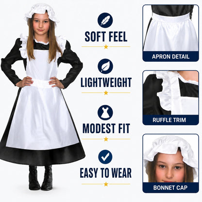 Girls’ Victorian Maid Black Dress with Attached White Apron Costume