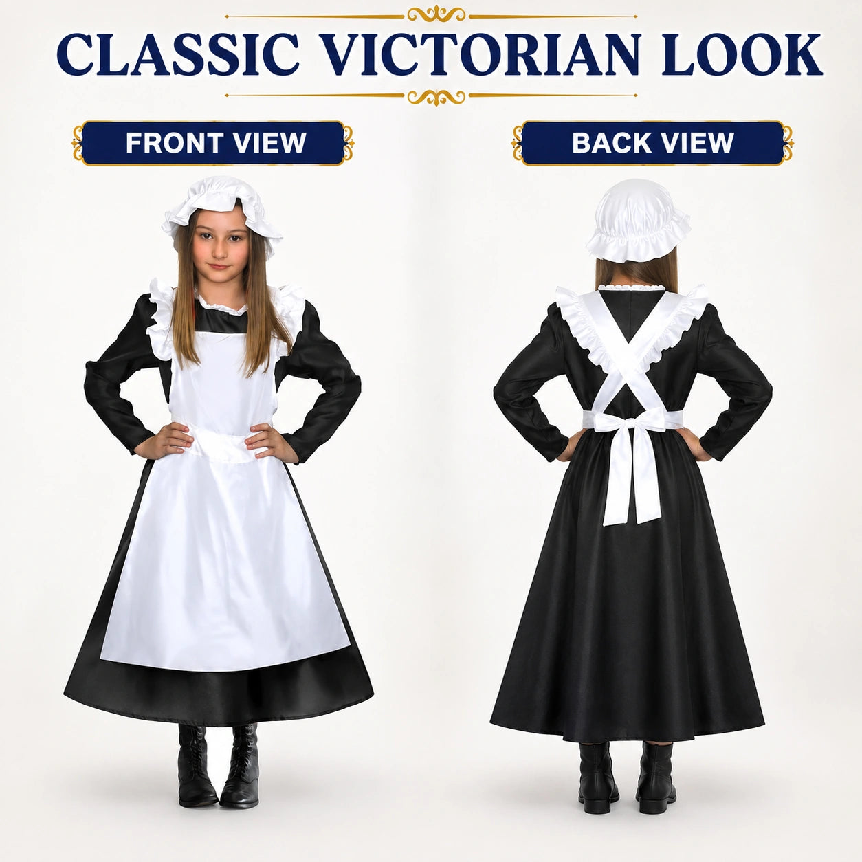 Girls’ Victorian Maid Black Dress with Attached White Apron Costume