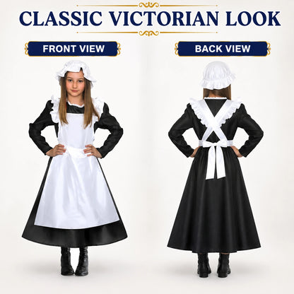 Girls’ Victorian Maid Black Dress with Attached White Apron Costume