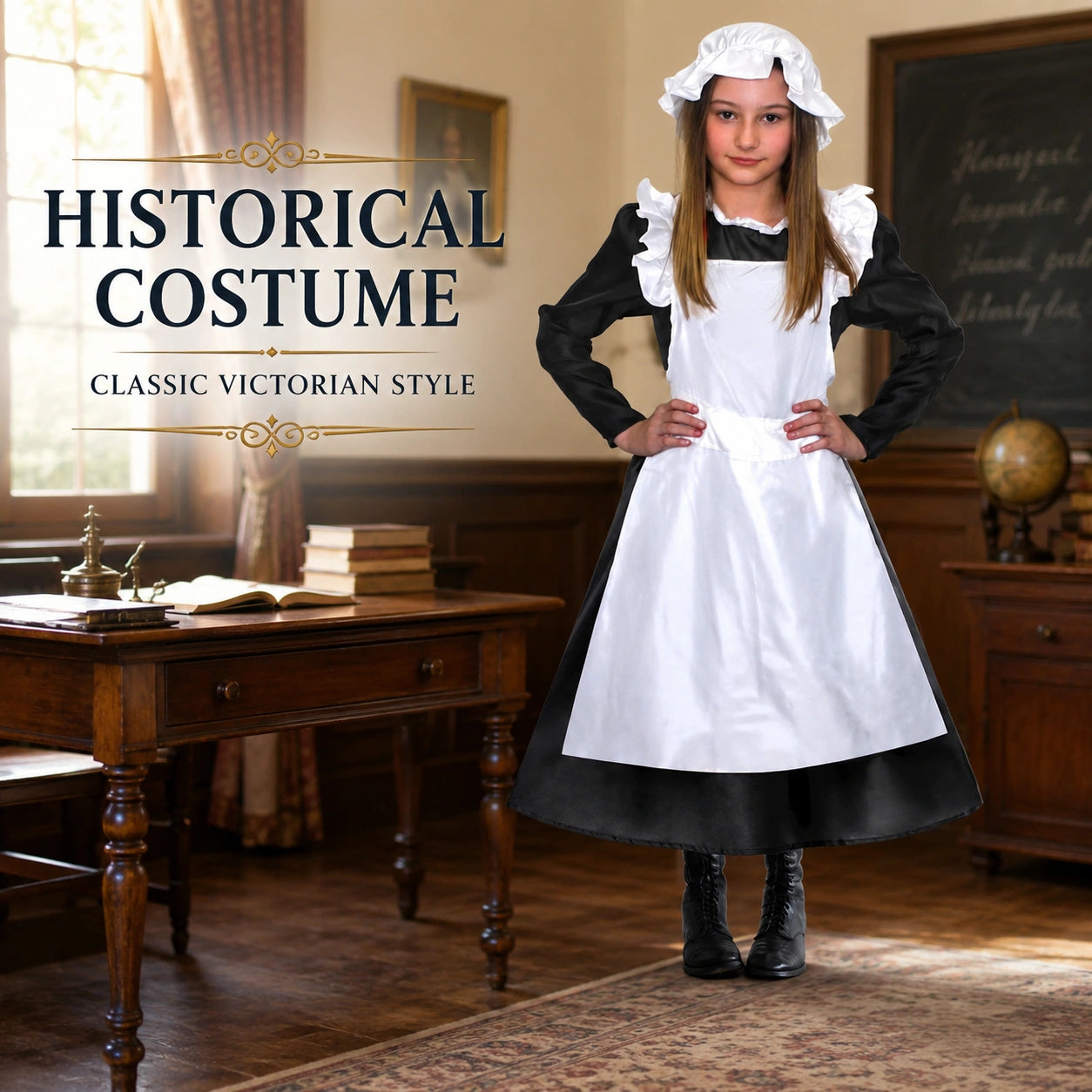Girls’ Victorian Maid Black Dress with Attached White Apron Costume
