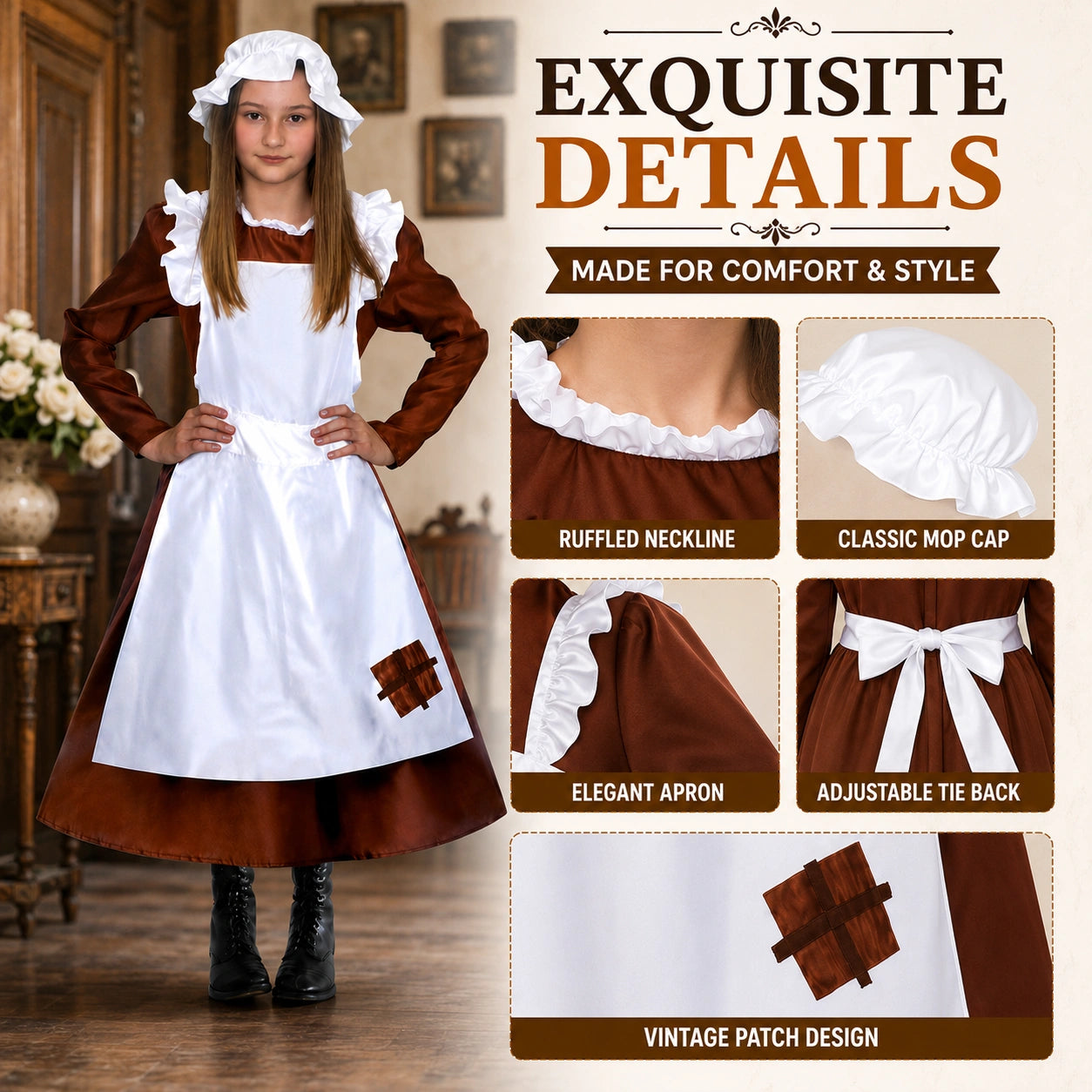 Girls’ Victorian Maid Black Dress with Attached Brown Apron Costume