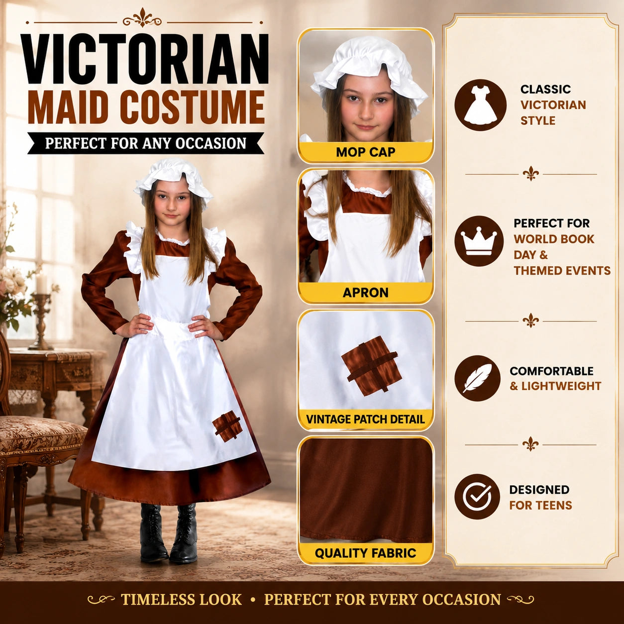 Girls’ Victorian Maid Black Dress with Attached Brown Apron Costume