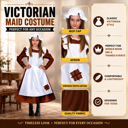 Girls’ Victorian Maid Black Dress with Attached Brown Apron Costume