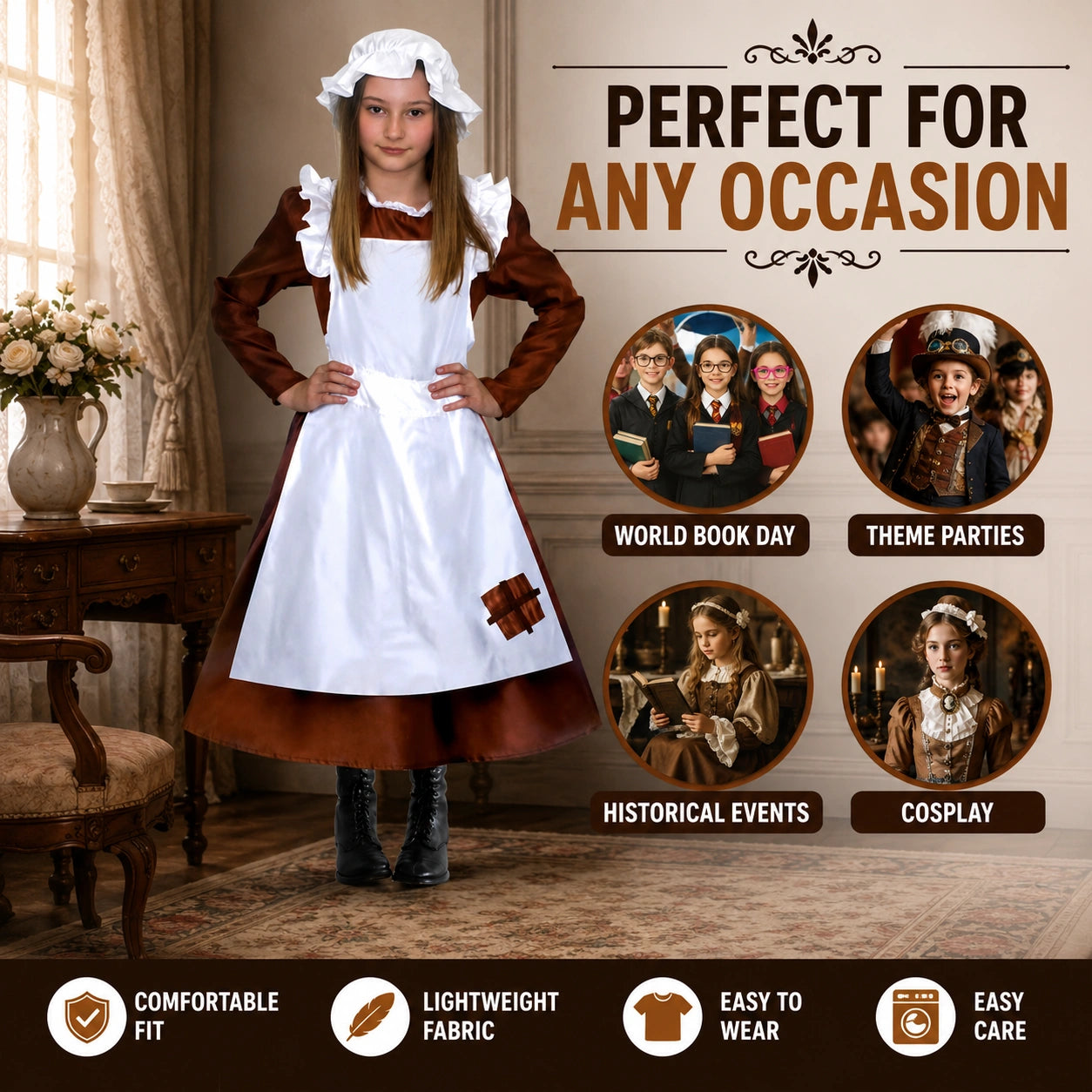 Girls’ Victorian Maid Black Dress with Attached Brown Apron Costume