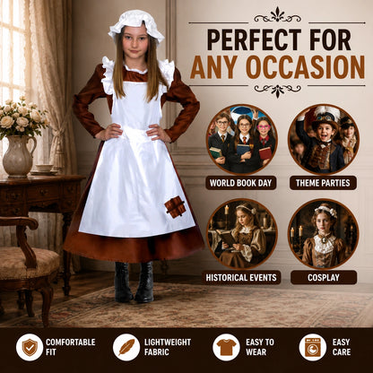 Girls’ Victorian Maid Black Dress with Attached Brown Apron Costume
