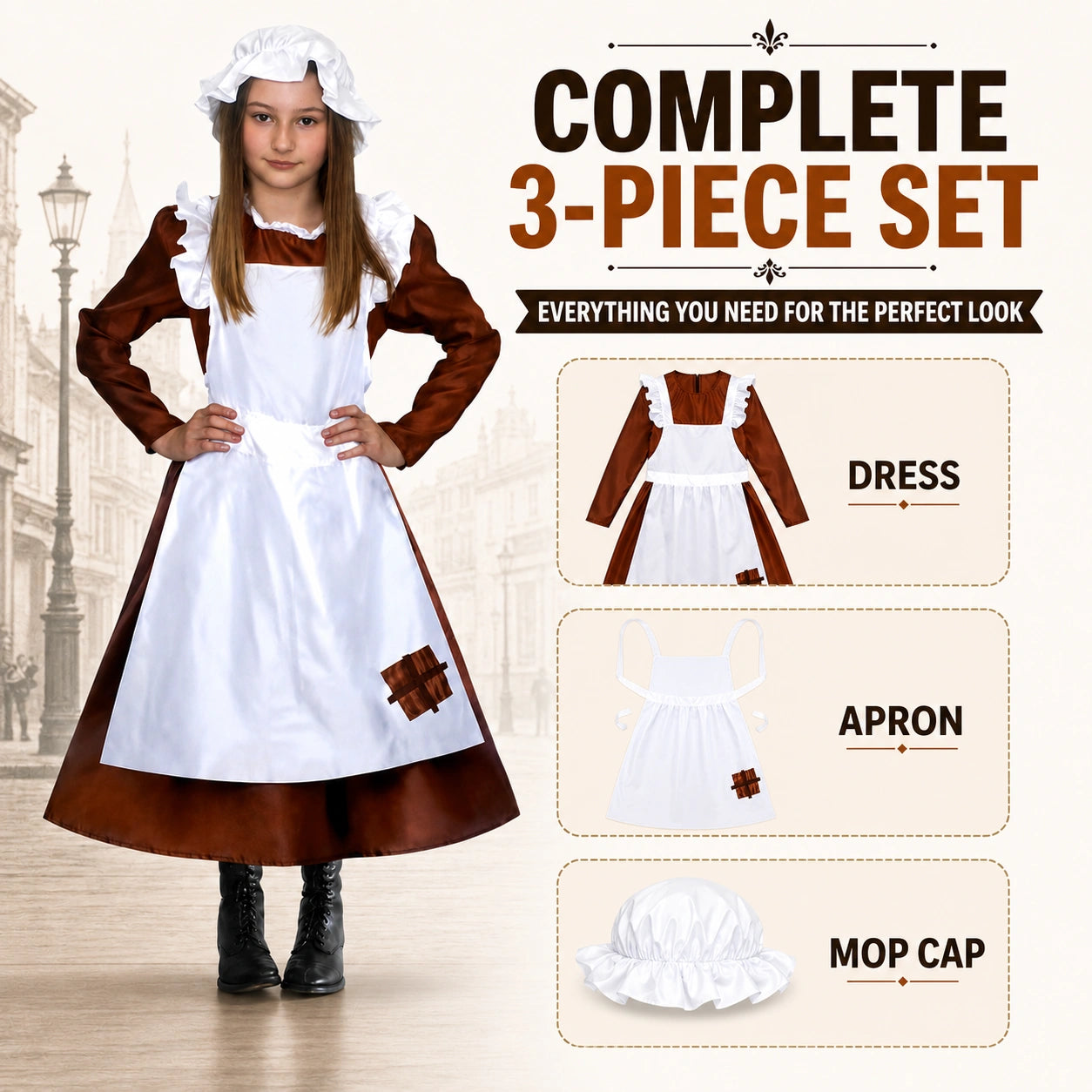 Girls’ Victorian Maid Black Dress with Attached Brown Apron Costume