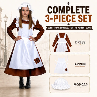Girls’ Victorian Maid Black Dress with Attached Brown Apron Costume