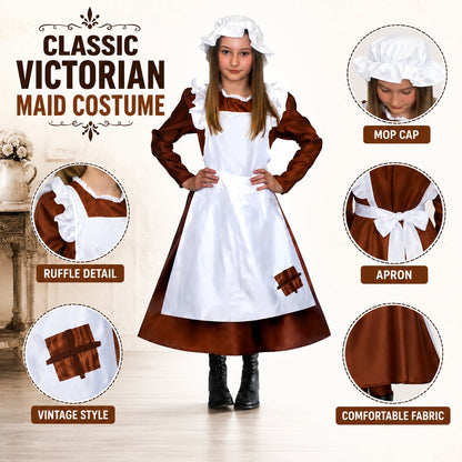 Girls’ Victorian Maid Black Dress with Attached Brown Apron Costume