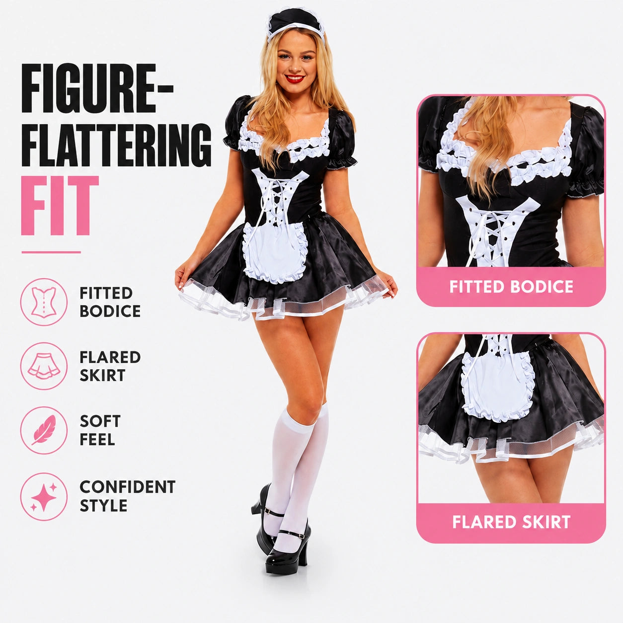 Women’s French Maid Fancy Dress Costume, Black & White Maid Outfit with Attached Net Underskirt & Headdress