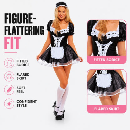 Women’s French Maid Fancy Dress Costume, Black & White Maid Outfit with Attached Net Underskirt & Headdress