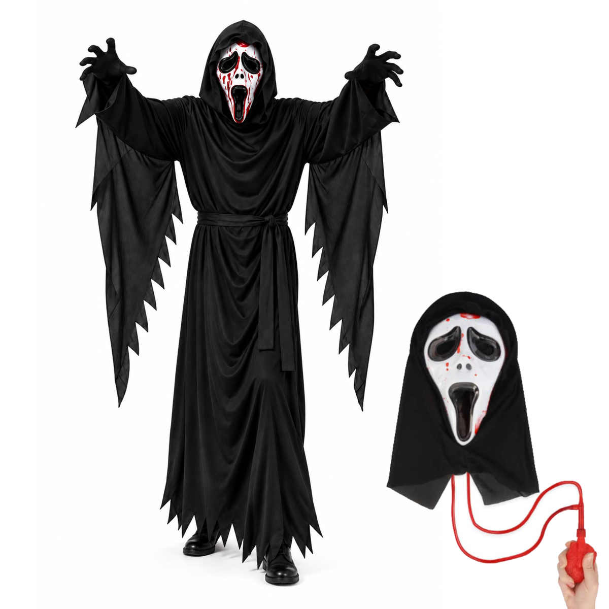Adult Ghost Costume Set with Hooded Robe & Horror Mask