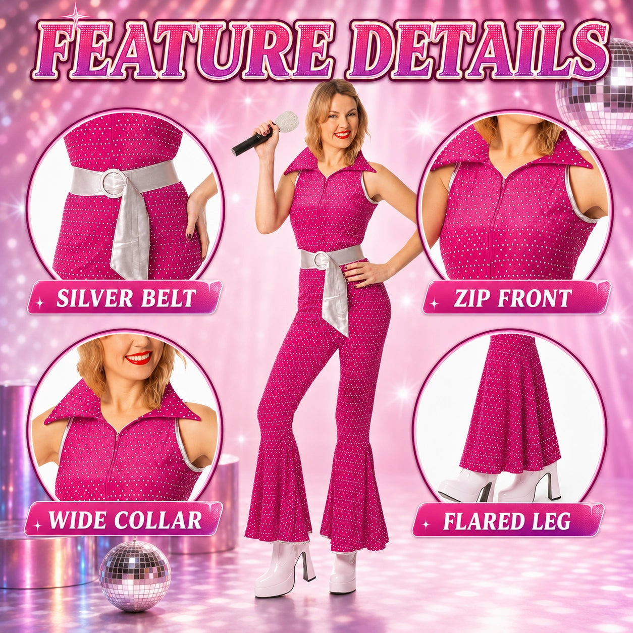 Women’s 70s Disco Jumpsuit Costume with Belt in 4 Colours