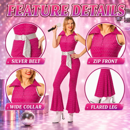 Women’s 70s Disco Jumpsuit Costume with Belt in 4 Colours