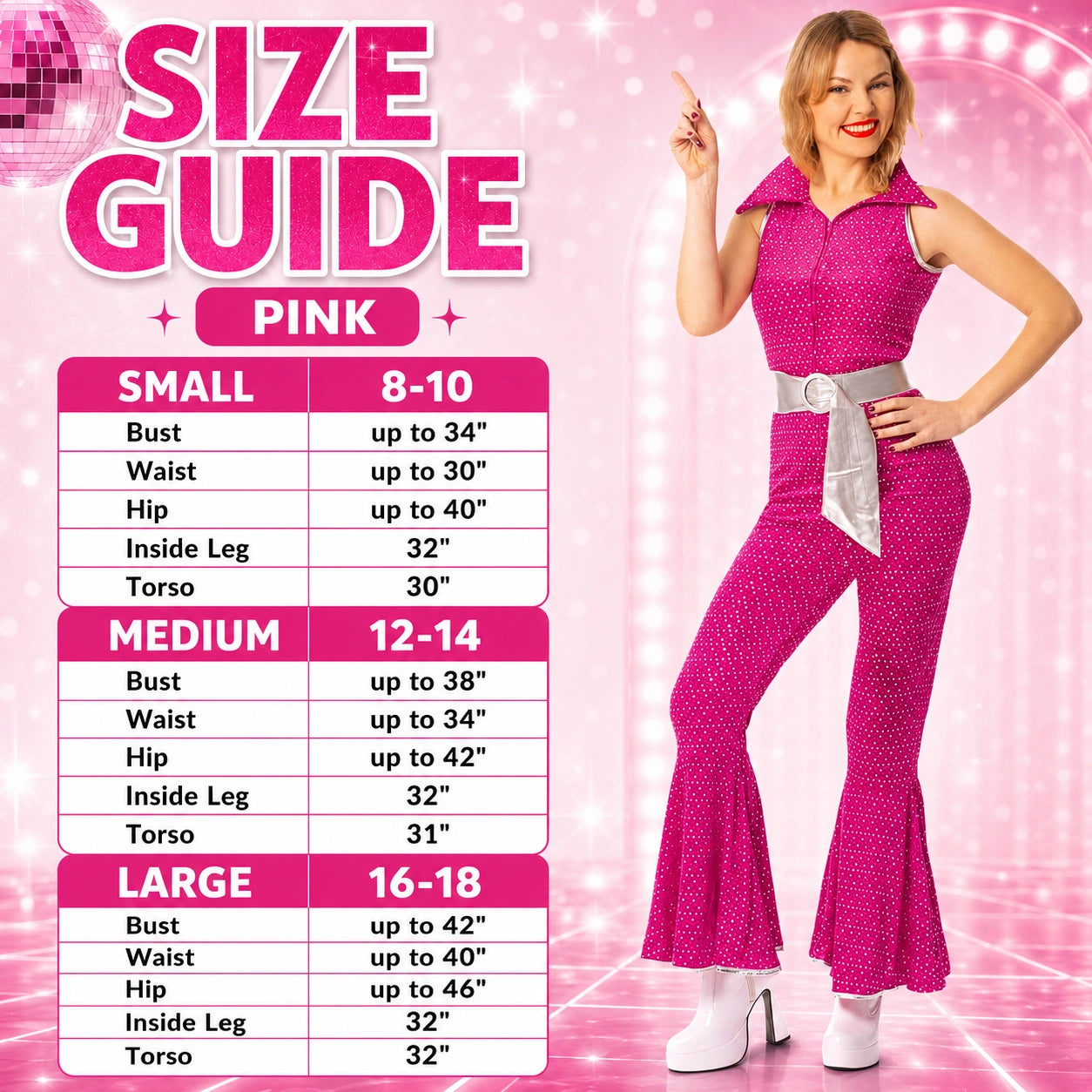 Women’s 70s Disco Jumpsuit Costume with Belt in 4 Colours