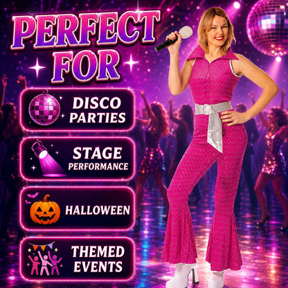Women’s 70s Disco Jumpsuit Costume with Belt in 4 Colours
