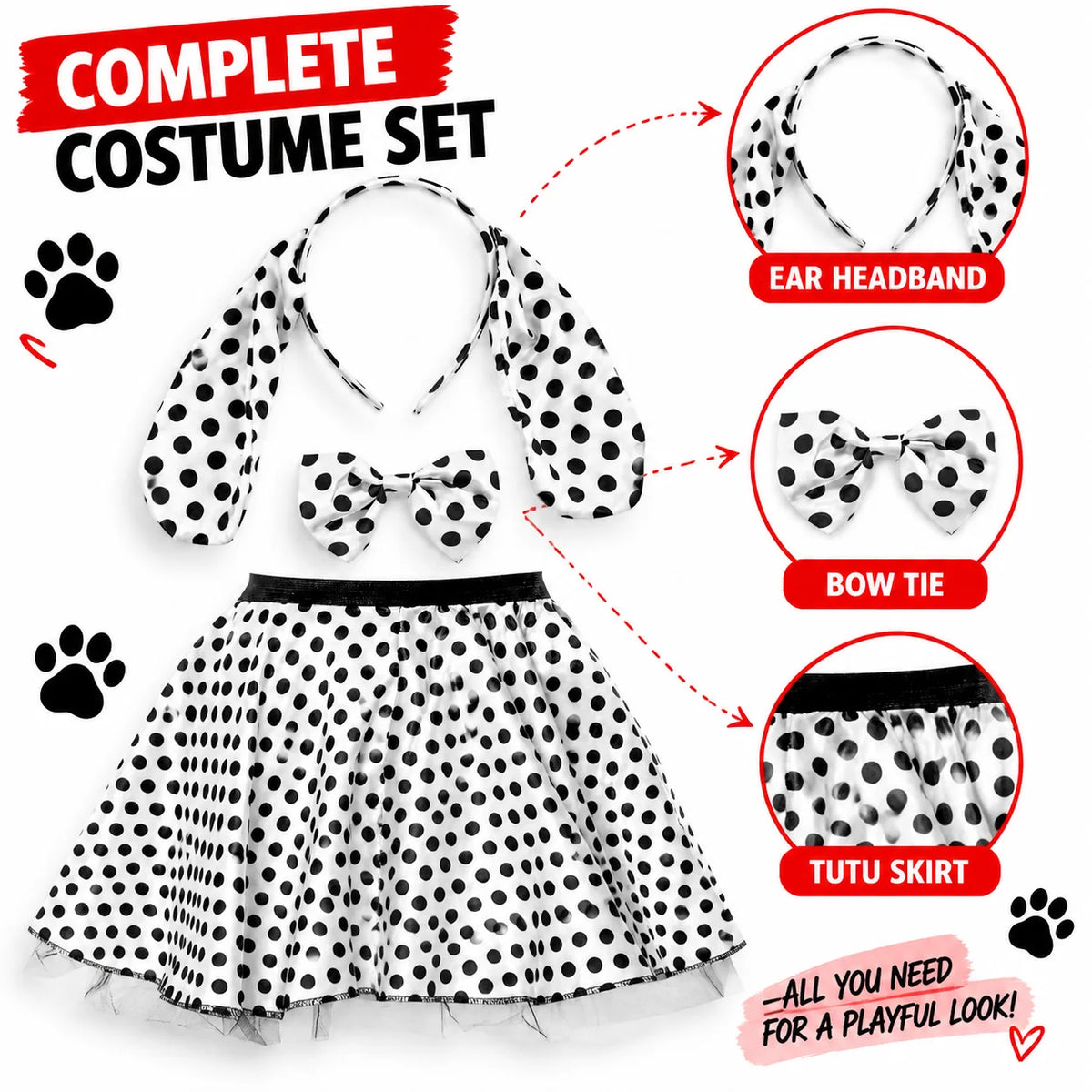 Women’s Dalmatian Tutu Costume Set, Black & White Spotted Skirt with Dog Ears & Bow Tie for Fancy Dress Parties