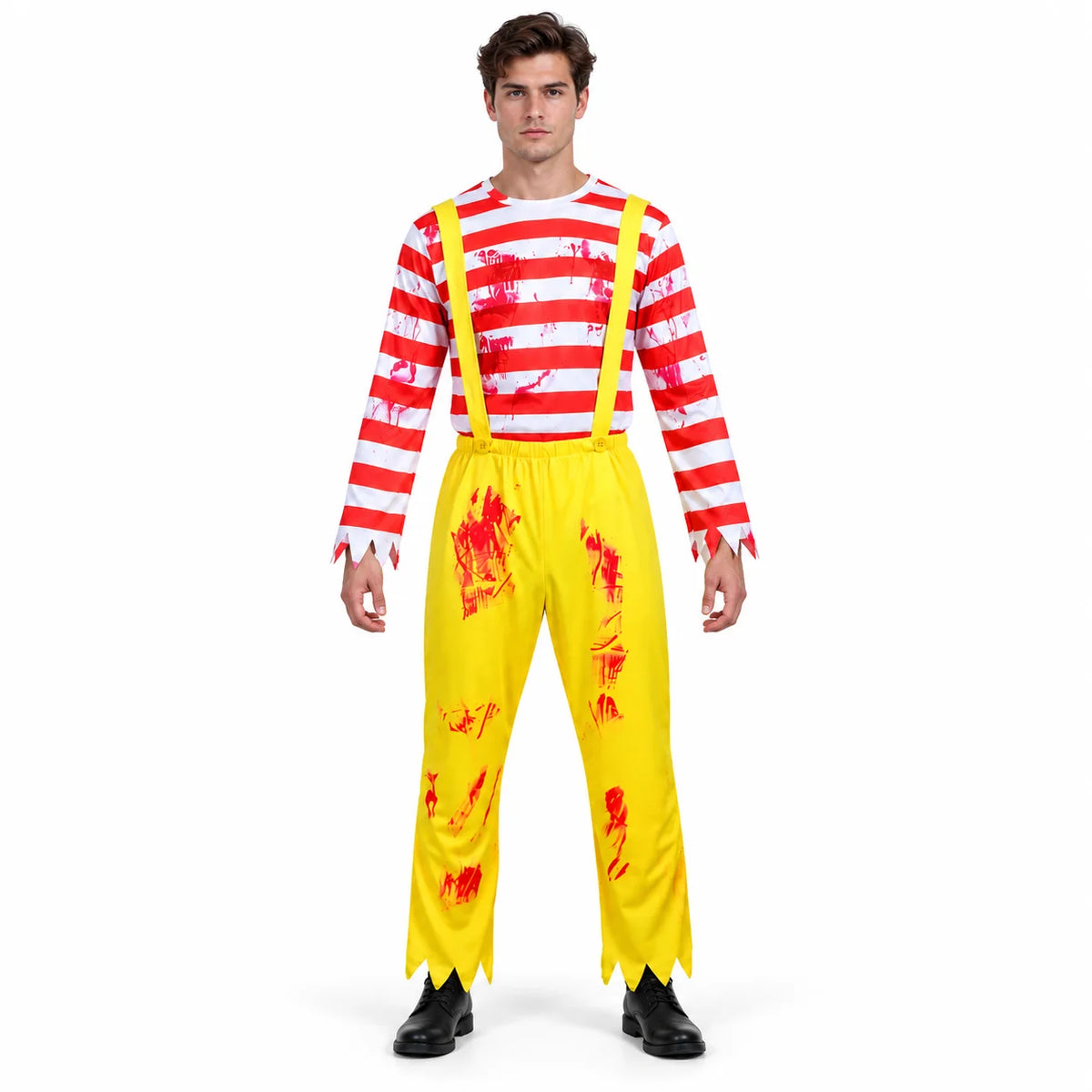 Men’s Scary Clown Costume, Red & White Striped Top with Yellow Suspender Trousers for Halloween
