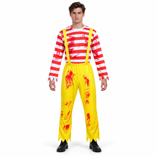 Men’s Scary Clown Costume, Red & White Striped Top with Yellow Suspender Trousers for Halloween
