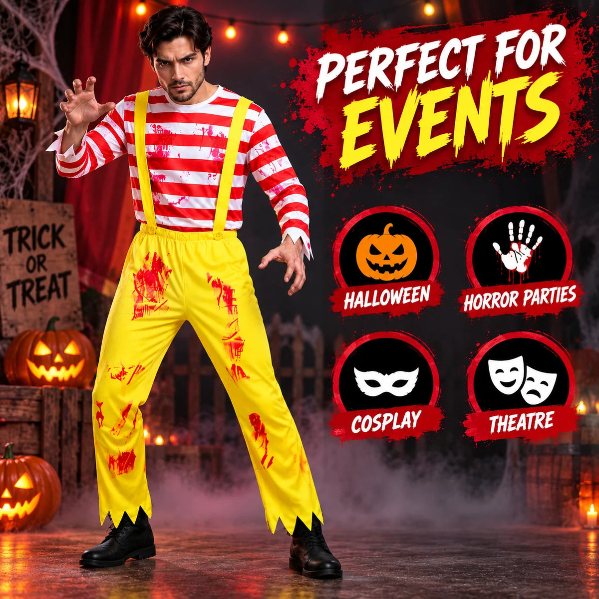 Men’s Scary Clown Costume, Red & White Striped Top with Yellow Suspender Trousers for Halloween