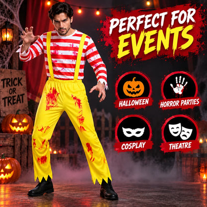 Men’s Scary Clown Costume, Red & White Striped Top with Yellow Suspender Trousers for Halloween
