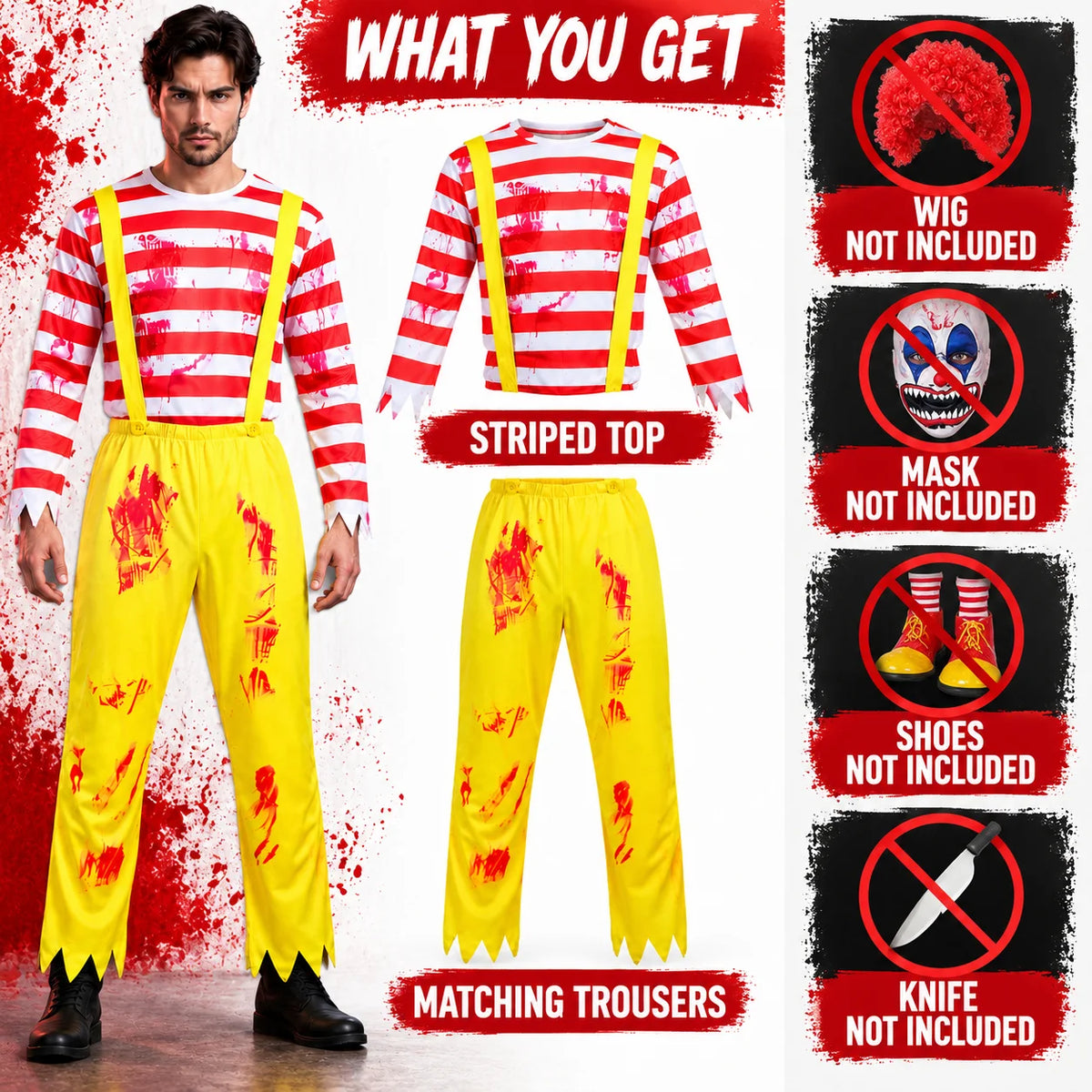 Men’s Scary Clown Costume, Red & White Striped Top with Yellow Suspender Trousers for Halloween