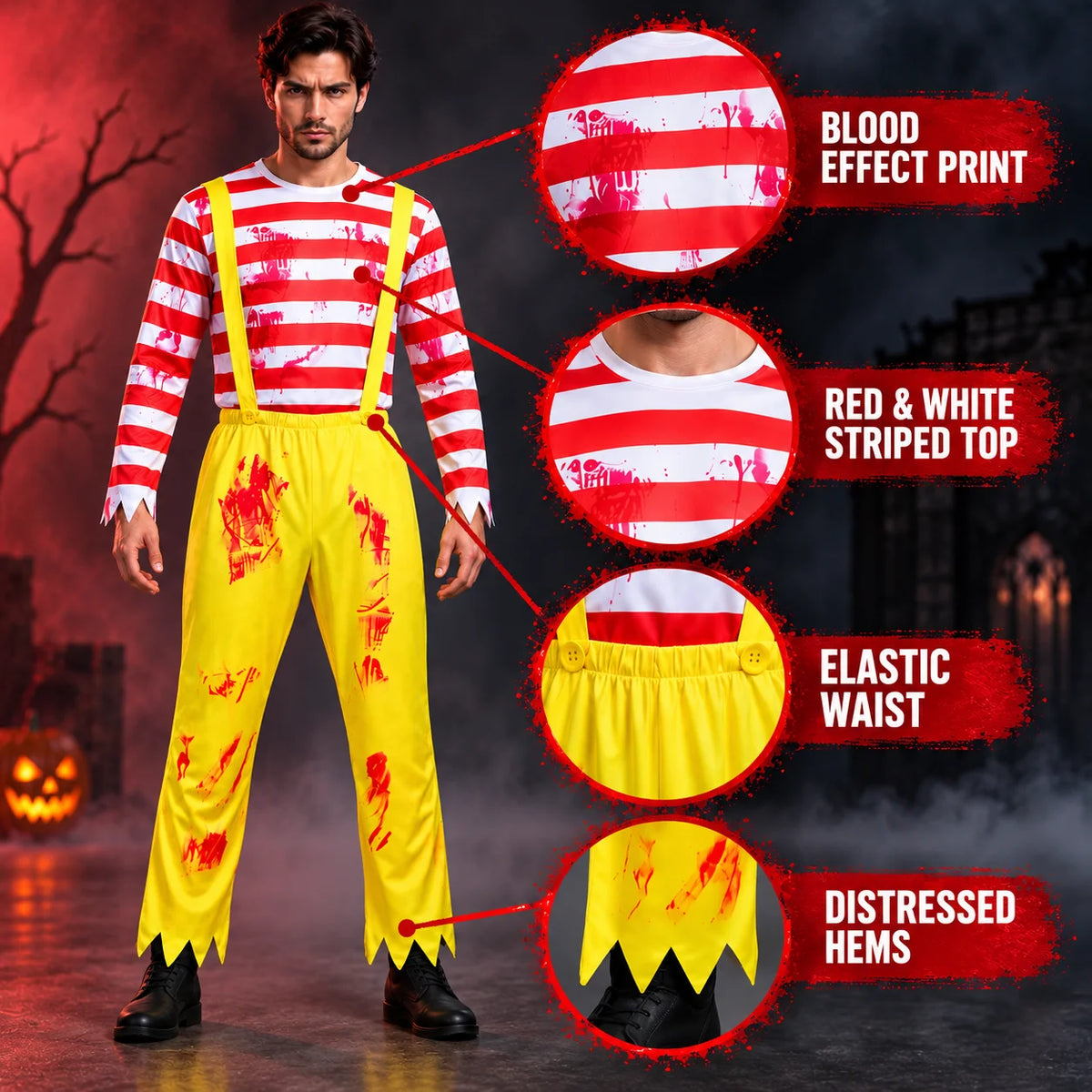 Men’s Scary Clown Costume, Red & White Striped Top with Yellow Suspender Trousers for Halloween