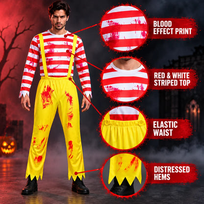 Men’s Scary Clown Costume, Red & White Striped Top with Yellow Suspender Trousers for Halloween