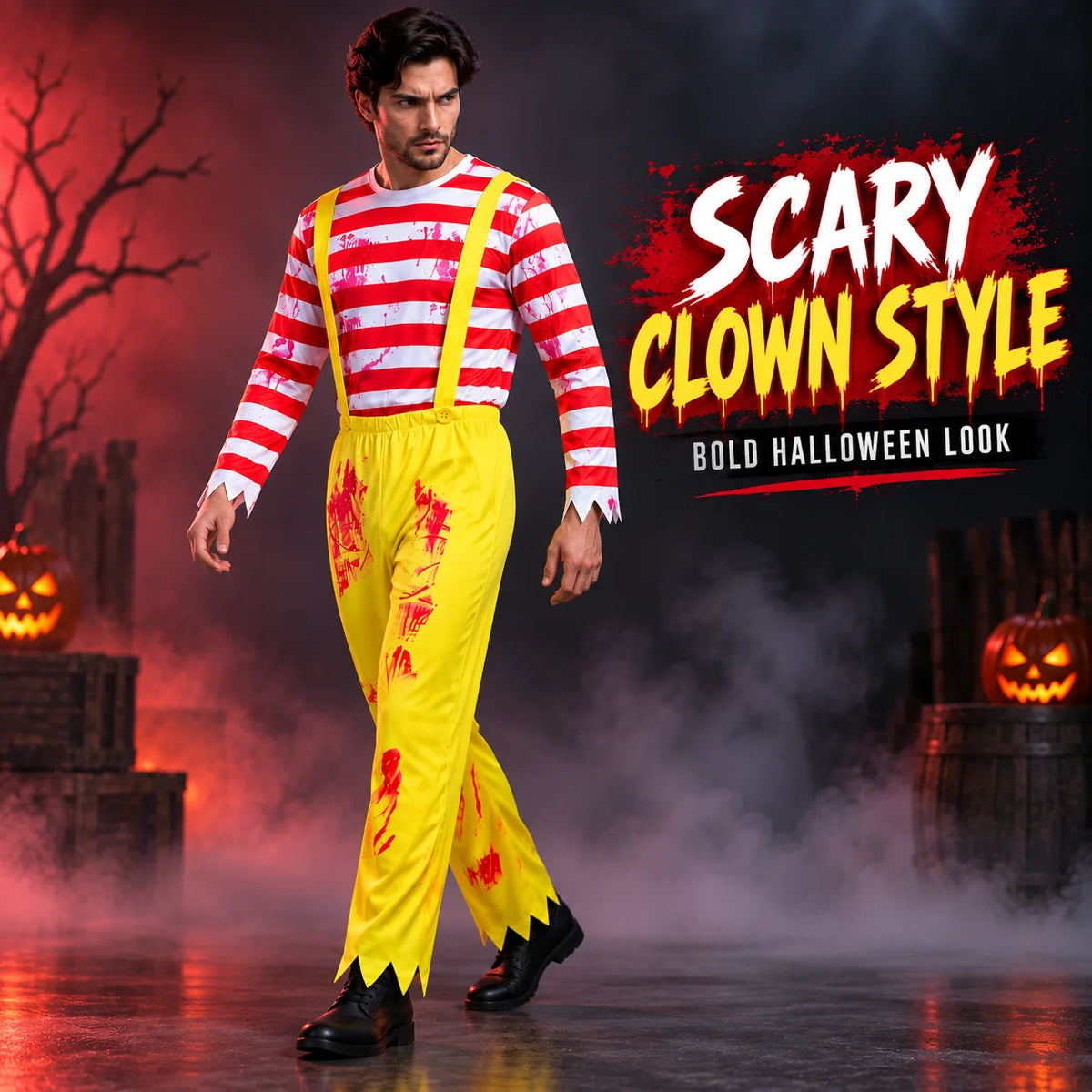 Men’s Scary Clown Costume, Red & White Striped Top with Yellow Suspender Trousers for Halloween