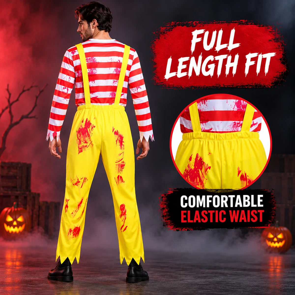 Men’s Scary Clown Costume, Red & White Striped Top with Yellow Suspender Trousers for Halloween