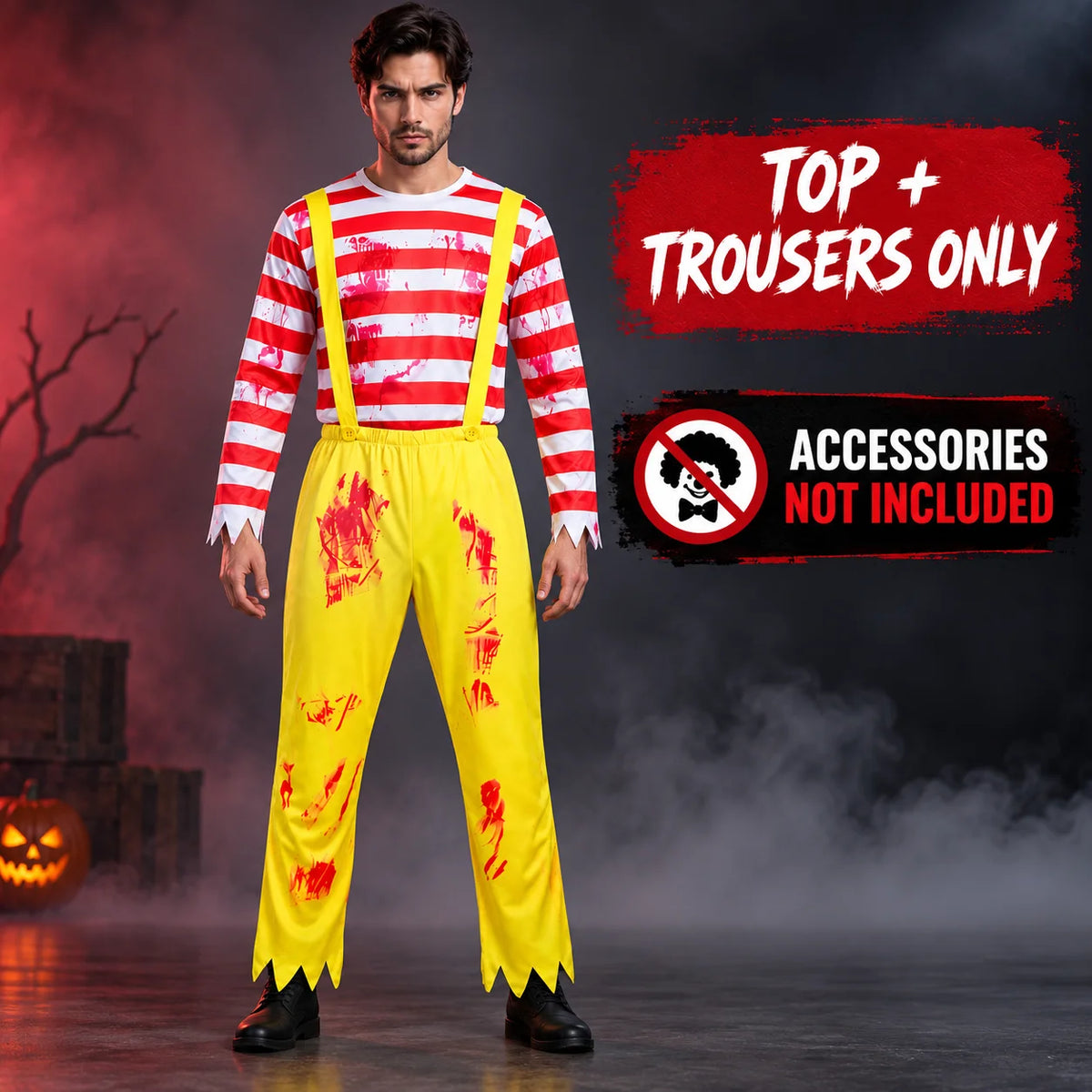 Men’s Scary Clown Costume, Red & White Striped Top with Yellow Suspender Trousers for Halloween
