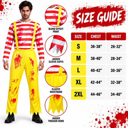 Men’s Scary Clown Costume, Red & White Striped Top with Yellow Suspender Trousers for Halloween