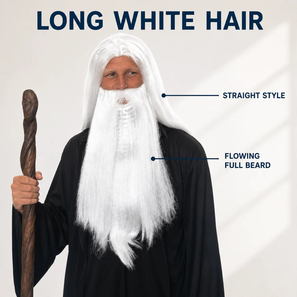 Men’s Long White Wizard Wig & Beard Set for Halloween, Fantasy Cosplay & Fancy Dress
