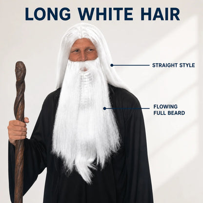 Men’s Long White Wizard Wig & Beard Set for Halloween, Fantasy Cosplay & Fancy Dress