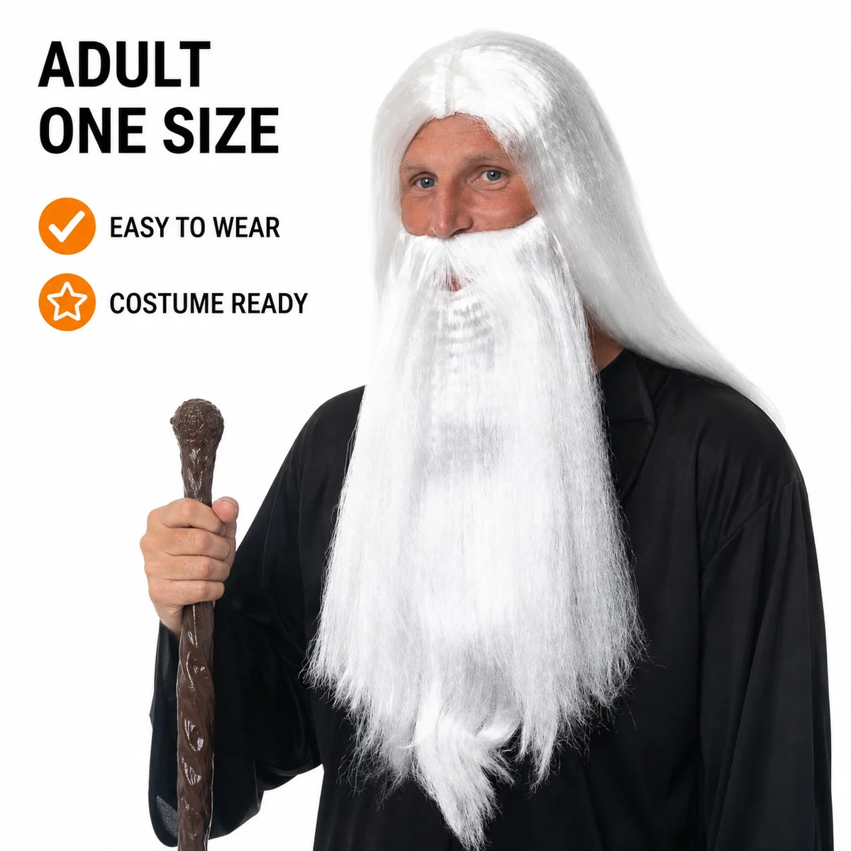 Men’s Long White Wizard Wig & Beard Set for Halloween, Fantasy Cosplay & Fancy Dress