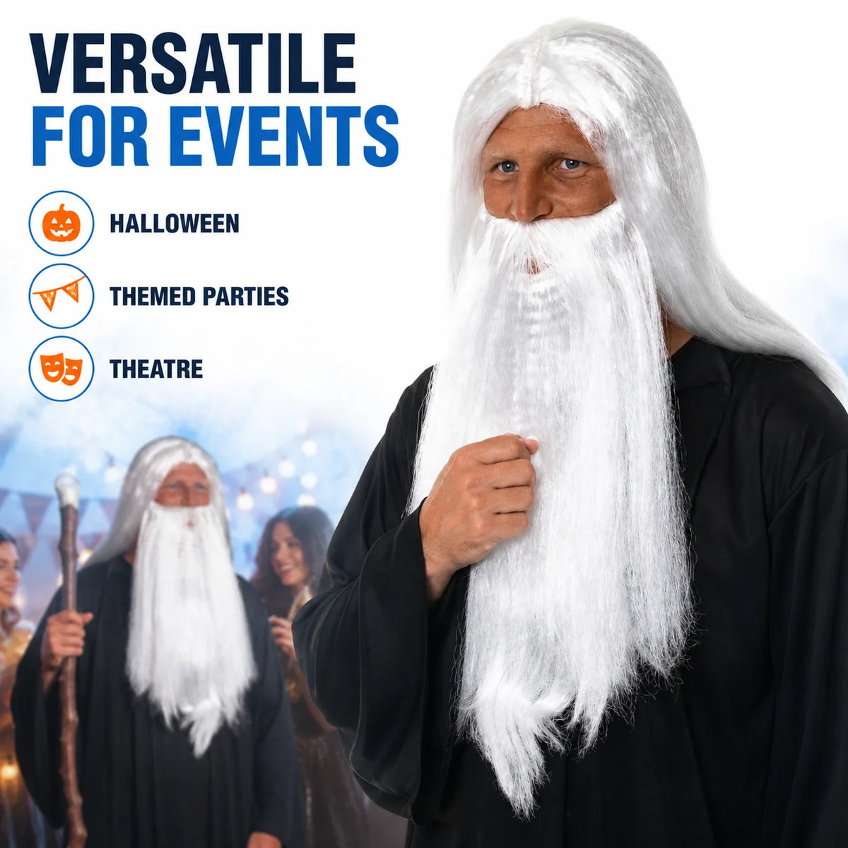 Men’s Long White Wizard Wig & Beard Set for Halloween, Fantasy Cosplay & Fancy Dress
