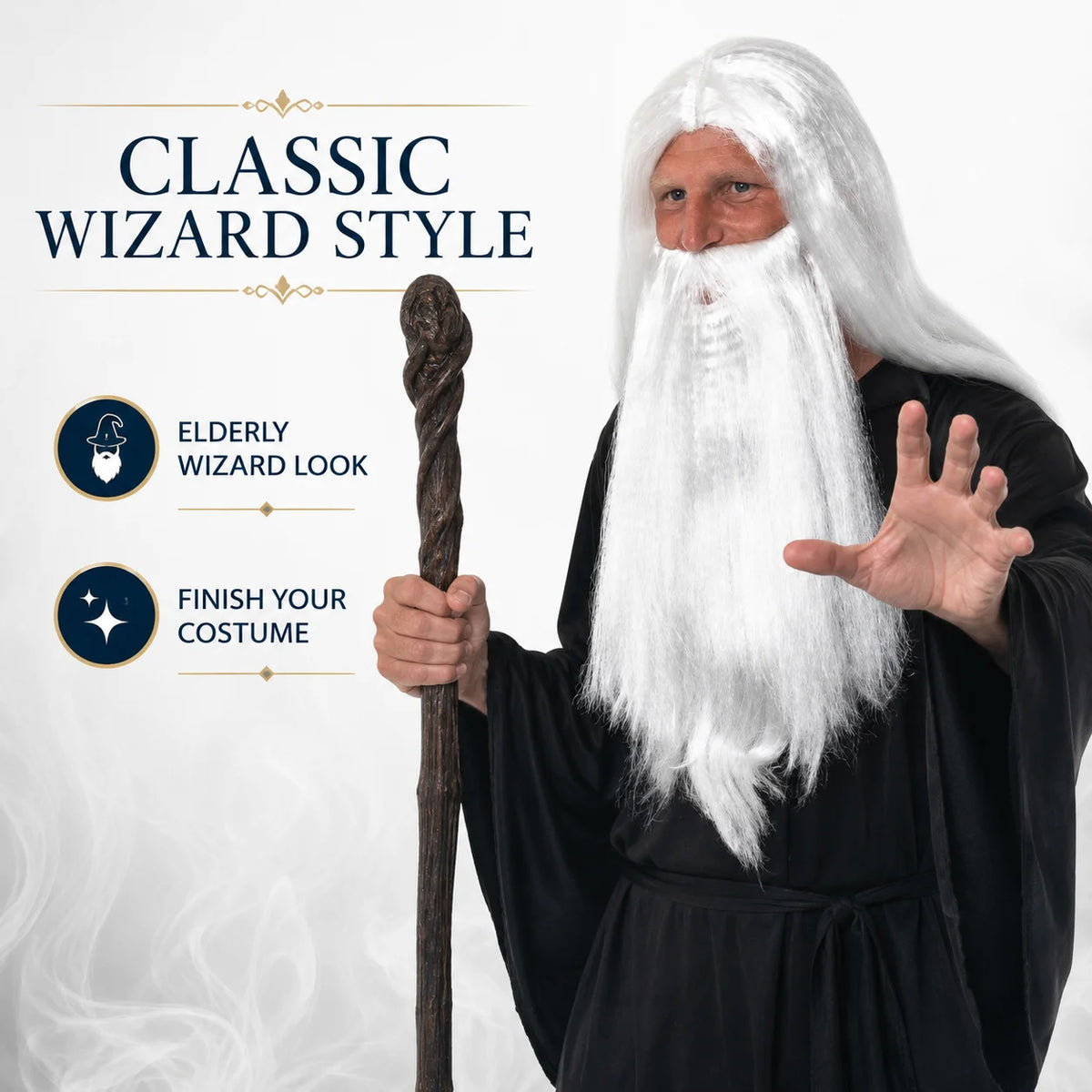 Men’s Long White Wizard Wig & Beard Set for Halloween, Fantasy Cosplay & Fancy Dress