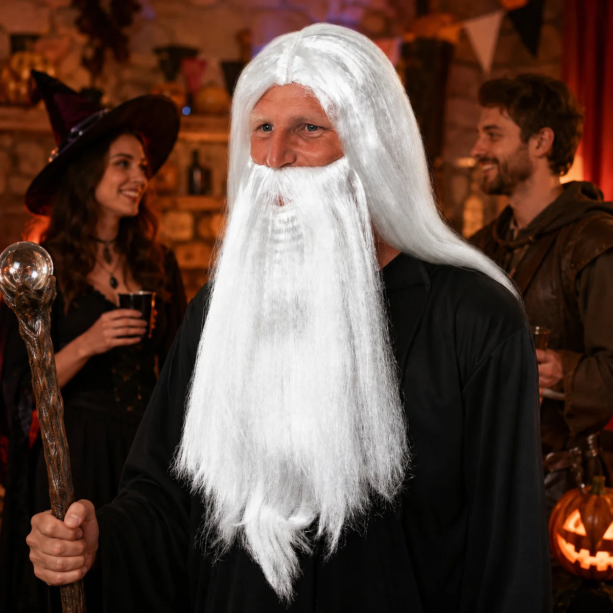 Men’s Long White Wizard Wig & Beard Set for Halloween, Fantasy Cosplay & Fancy Dress