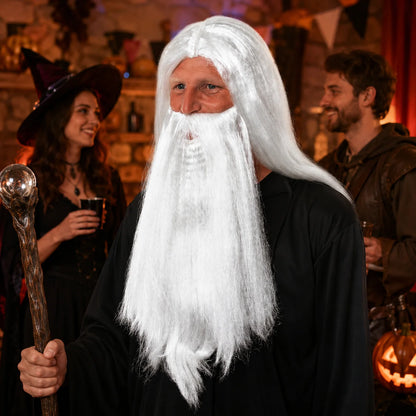 Men’s Long White Wizard Wig & Beard Set for Halloween, Fantasy Cosplay & Fancy Dress