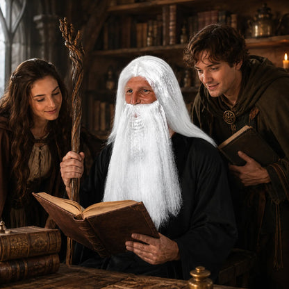 Men’s Long White Wizard Wig & Beard Set for Halloween, Fantasy Cosplay & Fancy Dress