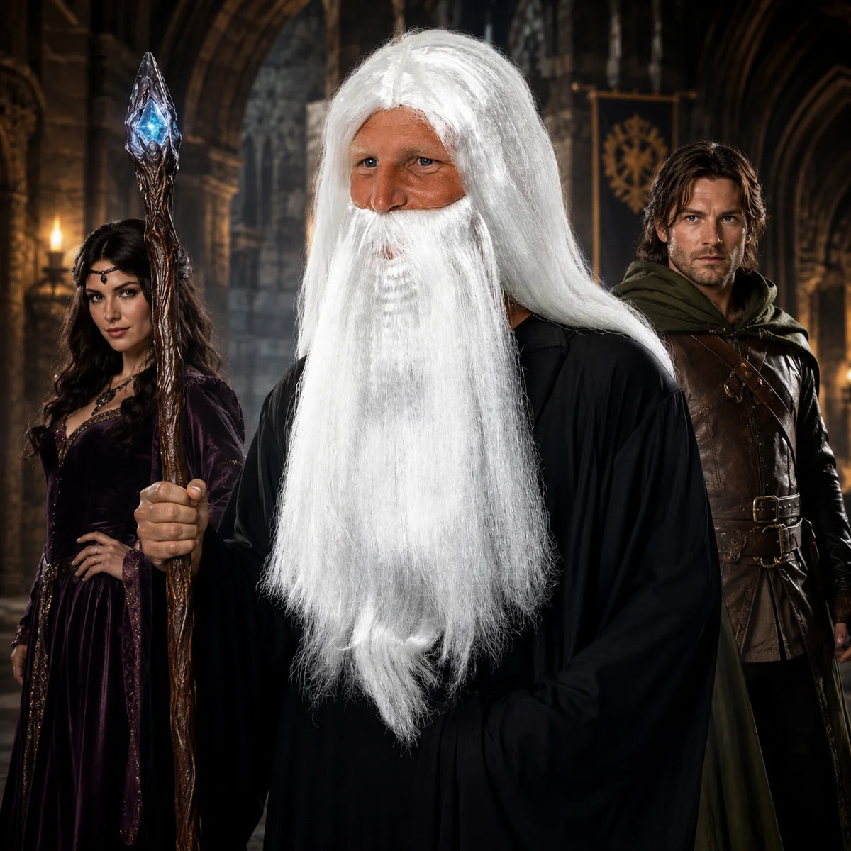 Men’s Long White Wizard Wig & Beard Set for Halloween, Fantasy Cosplay & Fancy Dress