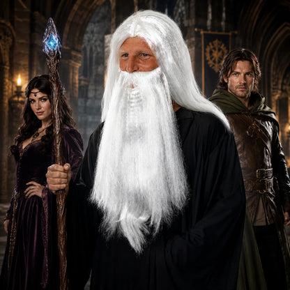 Men’s Long White Wizard Wig & Beard Set for Halloween, Fantasy Cosplay & Fancy Dress